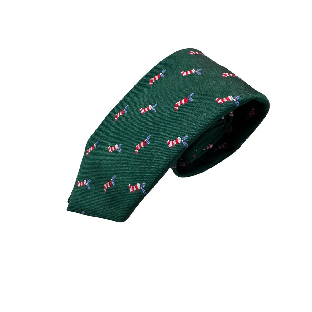 Brooks Brothers Mens XL Silk Tie Christmas Stocking Green Holly Holiday Festive